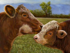 12” x 9” original pastel painting of a Hereford cow and calf rendered in a realistic style by award winning artist Kathie Miller. Originals sold unframed. Prints available.