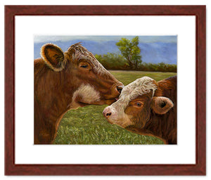 Pastel painting print of a Hereford cow and calf with a mahogany frame and 2” white mat. Rendered in a realistic style by award winning artist Kathie Miller.