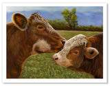 Pastel painting print of a Hereford cow and calf. Rendered in a realistic style by award winning artist Kathie Miller.