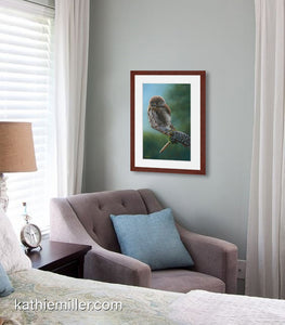 Pastel painting print of a pygmy owl on a lichen covered branch with a mahogany frame and 2” white mat hanging in a bedroom sitting area.  Rendered in a realistic style by award winning artist Kathie Miller.