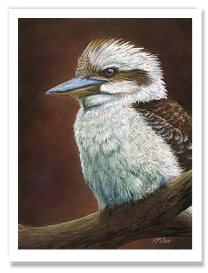 Pastel portrait print of a Blue Winged Kookaburra. Rendered in a realistic style by award winning artist Kathie Miller.