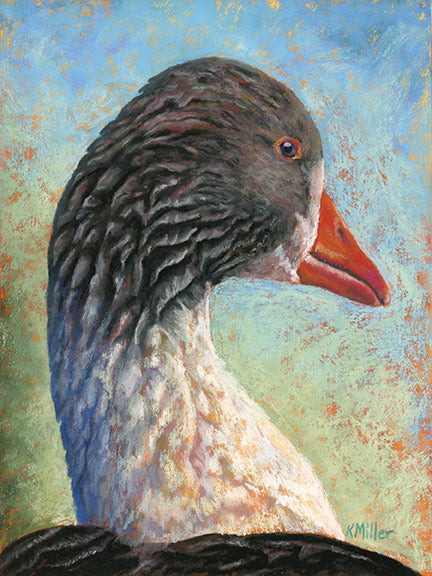 Original pastel portrait of a graylag goose rendered in a contemporary style using bold strokes and bright colors by award winning artist Kathie Miller. Prints available