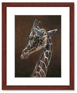Pastel portrait painting prints of giraffe with a mahogany frame and 2” white mat. Rendered in a realistic style by award winning artist Kathie Miller.