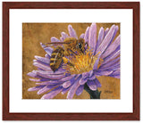 Pastel painting print of a honey bee on a pink flower with gold leaf background with a mahogany frame and 2” white mat. Rendered in a realistic style by award winning artist Kathie Miller.
