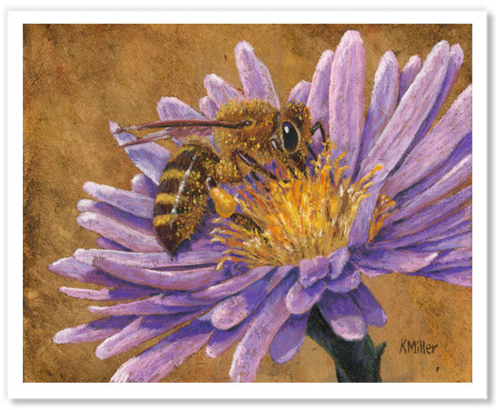 Pastel painting print of a honey bee on a pink flower with gold leaf background. Rendered in a realistic style by award winning artist Kathie Miller.