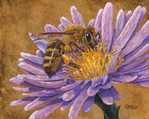 10” x 8” original pastel painting of a honey bee on a pink flower with gold leaf background rendered in a realistic style by award winning artist Kathie Miller. Prints available