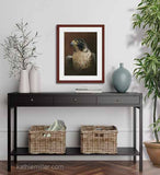 Pastel painting print of  a Peregrine Falcon with a mahogany frame and 2” white mat hanging over a black cradenza.  Rendered in a realistic style by award winning artist Kathie Miller.