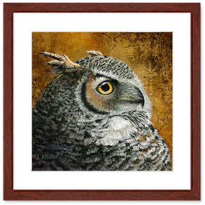 Pastel painting print of a great horned owl with gold leaf background with a mahogany frame and 2” white mat. Rendered in a realistic style by award winning artist Kathie Miller.