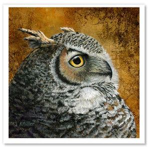 Pastel painting print of a great horned owl with gold leaf background. Rendered in a realistic style by award winning artist Kathie Miller.