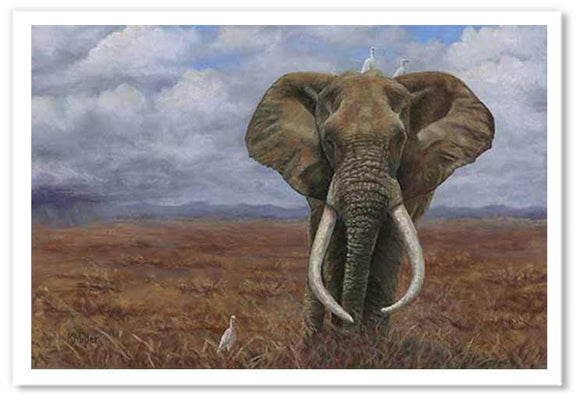 Pastel painting print of an African elephant in a vast landscape. Rendered in a realistic style by award winning artist Kathie Miller.