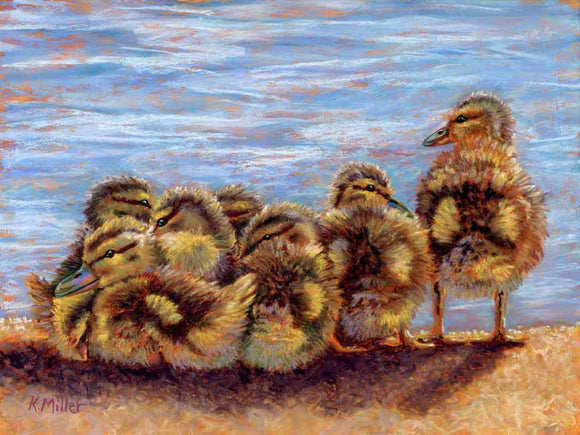 Original 12” x 9” Pastel portrait of 7 ducklings by the water by award winning artist Kathie Miller. Contemporary style using bold strokes. Prints available.
