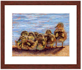 Pastel portrait print of a 7 ducklings by the water with a mahogany frame and white mat. Rendered in a contemporary style using bold strokes and bright colors by award winning artist Kathie Miller. 