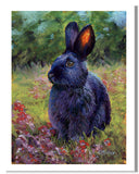 Pastel portrait print of a black rabbit sitting among the wildflowers. Rendered in a contemporary style using bold strokes and bright colors by award winning artist Kathie Miller.