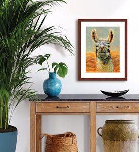 Pastel portrait of an alpaca in an entrance hall .  Rendered in a  contemporary style using bold strokes and bright colors by award winning artist Kathie Miller.