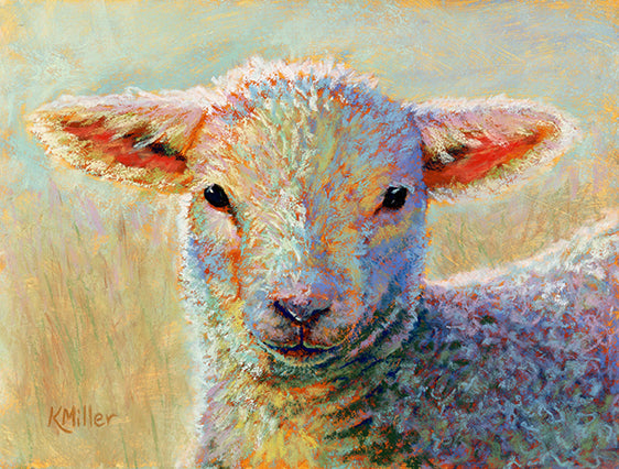 Original pastel portrait of a lamb in the bright sun by award winning artist Kathie Miller. Contemporary style using bold strokes and bright colors. Prints available.