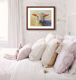 Pastel portrait of a lamb in a girls bedroom .  Rendered in a  contemporary style using bold strokes and bright colors by award winning artist Kathie Miller.