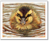 Pastel portrait print of a a fuzzy duckling on the water. Rendered in a contemporary style using bold strokes and bright colors by award winning artist Kathie Miller.