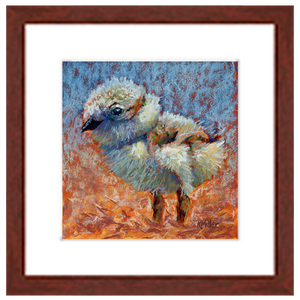 Pastel portrait of a plover chick with a mahogany frame and white mat. Rendered in a contemporary style using bold strokes and bright colors by award winning artist Kathie Miller. 