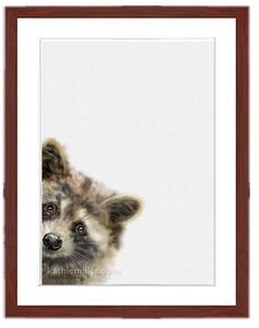 Baby Racoon painting nursery art with mahogany frame by wildlife artist Kathie Miller. Perfect for a nursery or child's room. Prints available.