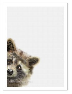 Baby Racoon painting nursery art by wildlife artist Kathie Miller. Perfect for a nursery or child's room. Prints available.