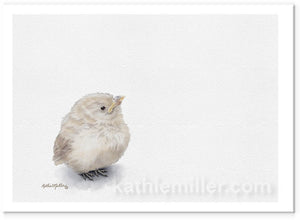Baby Sparrow painting by wildlife artist Kathie Miller. Perfect for the nursery or child's room. Prints available. 