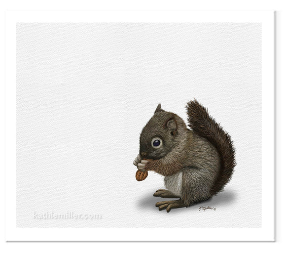 Baby Squirrel painting nursery art by wildlife artist Kathie Miller. Perfect for a nursery or child's room. Prints available. 