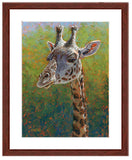 Pastel portrait print of a giraffe in the morning sun with a mahogany frame and 2” white mat. Rendered in a contemporary style using bold strokes and bright colors by award winning artist Kathie Miller. 