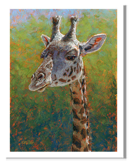 Pastel portrait print of a giraffe in the morning sun. Rendered in a contemporary style using bold strokes and bright colors by award winning artist Kathie Miller.