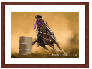 Barrel Racing painting with mahogany frame by wildlife artist Kathie Miller. Prints available.