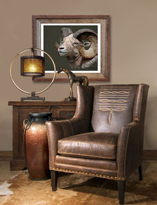 Big Horned Sheep portrait painting by award winning artist Kathie Miller. Prints available.