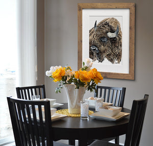 Ink and watercolor portrait of an American Bison by award winning artist Kathie Miller. Prints available 