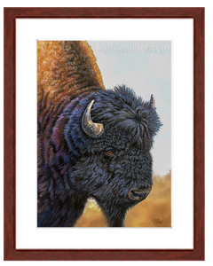 Bison with mahogany frame by award winning artist Kathie Miller.