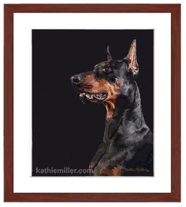  Black and Tan Doberman Portrait painting with mahogany frame by wildlife artist Kathie Miller. Prints available.