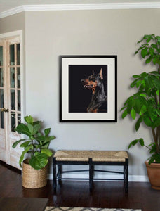  Black and Tan Doberman Portrait painting by wildlife artist Kathie Miller. Prints available.