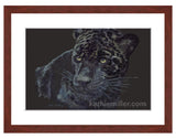 Black Jaguar Portrait painting with mohogany frame by award winning artist Kathie Miller. Prints available.