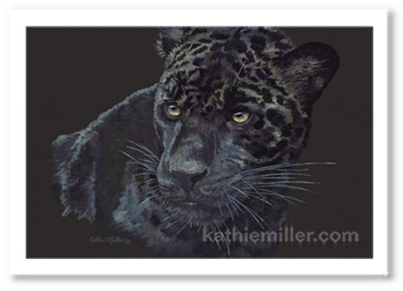 Black Jaguar Portrait painting by award winning artist Kathie Miller. Prints available.