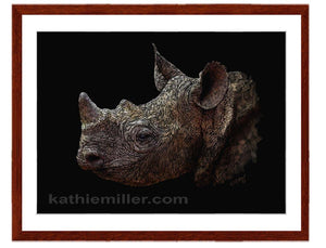 Black Rhino Portrait with mohogany frame by award winning artist Kathie Miller