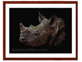 Black Rhino Portrait with mohogany frame by award winning artist Kathie Miller