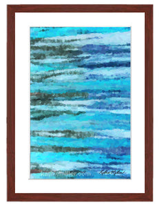  'Blue Ocean' abstract painting with mahogany frame by wildlife and landscape artist Kathie Miller.  Prints available.