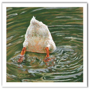 Pastel portrait print of a white duck dunking for dinner. Rendered in a contemporary style using bold strokes and bright colors by award winning artist Kathie Miller.
