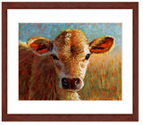 " Brandy-Jersey Calf”. Pastel portrait of a Jersey calf with a mahogany frame and white mat. Rendered in a contemporary style using bold strokes and bright colors by award winning artist Kathie Miller. 