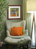 A mock up photo of a quiet sitting area. Hung on the wall is a print of my painting “Buttercup-Jersey Calf” by award winning artist Kathie Miller. The print has a mahogany frame and white mat. This is a contemporary pastel portrait of a jersey calf rendered in bold expressive strokes and bright colors. 