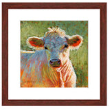 " Buttercup-Jersey Calf”. Pastel portrait of a jersey calf with a mahogany frame and white mat. Rendered in a contemporary style using bold strokes and bright colors by award winning artist Kathie Miller. 