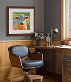 A mock up photo of a masculine office. Hung on the wall is a print of my painting “Buttercup-Jersey Calf” by award winning artist Kathie Miller. The print has a mahogany frame and white mat. This is a contemporary pastel portrait of a jersey calf rendered in bold expressive strokes and bright colors. 