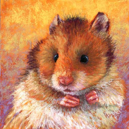 Original 6” x 6” pastel portrait of a cute hamster by award winning artist Kathie Miller. Contemporary style using bold strokes and bright colors. Prints available.