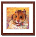 Pastel portrait of a cute hamster with a mahogany frame and white mat. Rendered in a contemporary style using bold strokes and bright colors by award winning artist Kathie Miller. 