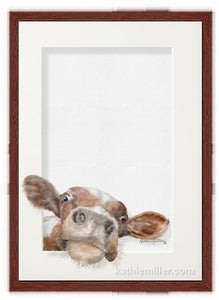 Calf Trompe l'oeil nursery art with mahogany frame by wildlife artist Kathie Miller. Perfect for the nursery or child's room. Prints available.
