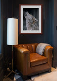 "Calling the Pack" wolf portrait with mahogany frame by award winning artist Kathie Miller.
