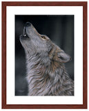 "Calling the Pack" wolf portrait with mahogany frame  by award winning artist Kathie Miller.