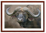 Cape Buffalo painting with mohogany frame by award winning artist Kathie Miller